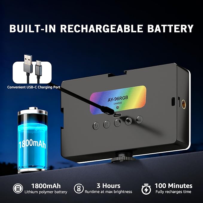NiceVeedi RGB Selfie Light, 138 LED Beads Phone Light, 360° Full Color Camera Light with Clip and Cold Shoe, CRI95+/180 Minutes Rechargeable Video Light for Video Recording/iPhone/TikTok/Makeup/Zoom - Image 8