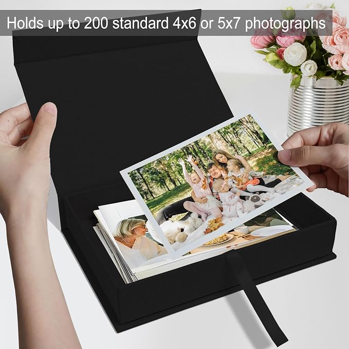 5x7" Archival Photo Storage Box with Lid – Stackable Memory Keepsake Organizer for Photos, Certificates, Jewelry & Scrapbooking Supplies, Photo Cases and Postcard Keeper Storage Container Box Black - Image 6