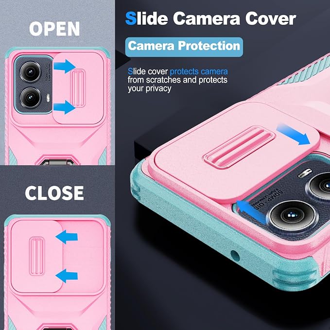 for Moto Edge 2024 Case,with Sliding Camera Lens Cover,HD Screen Protector,360° Rotating Ring Kickstand, Military-Grade Shockproof Protective Cover for Motorola Moto Edge 2024,Pink+Turquoise - Image 3