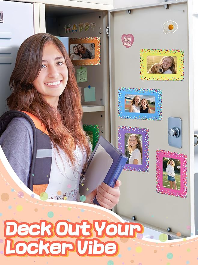 12Pcs Magnetic Picture Frames for 4"x6" Photo, Locker Accessories for Girls | 6 Colors, Cute Back to School Gifts, Classroom Decorations Supplies, Refrigerator Decor, Colorful Dots - Image 3