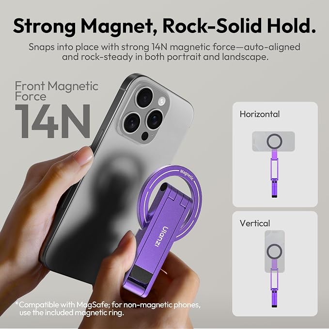 ULANZI MA60 Phone Tripod for Magsafe, Aluminium Mini Phone Stand Purple | Pocket Size Cell Phone Stand, Foldable Selfie Stick for iPhone, Strong Magnet Quick Mount for iPhone 16 15 14 13 12 - Image 4