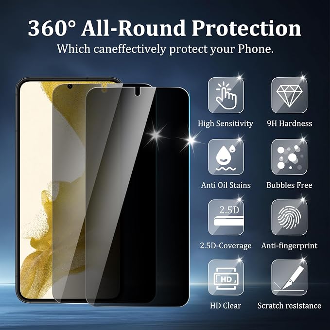 2+2 Pack Privacy Screen Protector for Samsung Galaxy S22 | With Camera Lens Protectors, 9H Tempered Glass, Anti-Spy, Case Friendly, Easy Installation - Image 2
