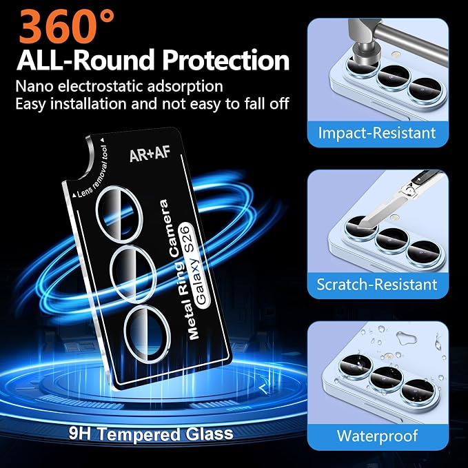for Samsung Galaxy S26 Camera Lens Protector, Individual Metal Ring Tempered Glass Lens Cover, [Strong Adsorption] Scratch Resistant Ultra-Thin HD Clear Lens Cover, 1 Set-Blue Ring - Image 2