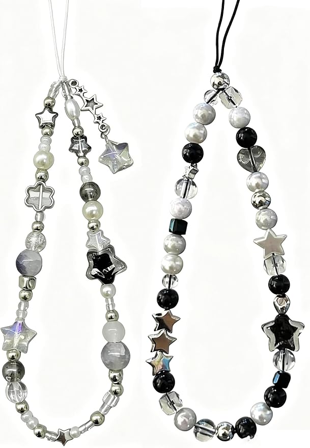 2 Pcs Phone Charm Strap Hand for iPhone Wrist Strap Camera Lanyard Pearl Beaded Cute Chain String Accessories Universal for iPhone 17 Pro Max 16 15 Samsung Women Girls Keychain Silver and Black Star by Casecond