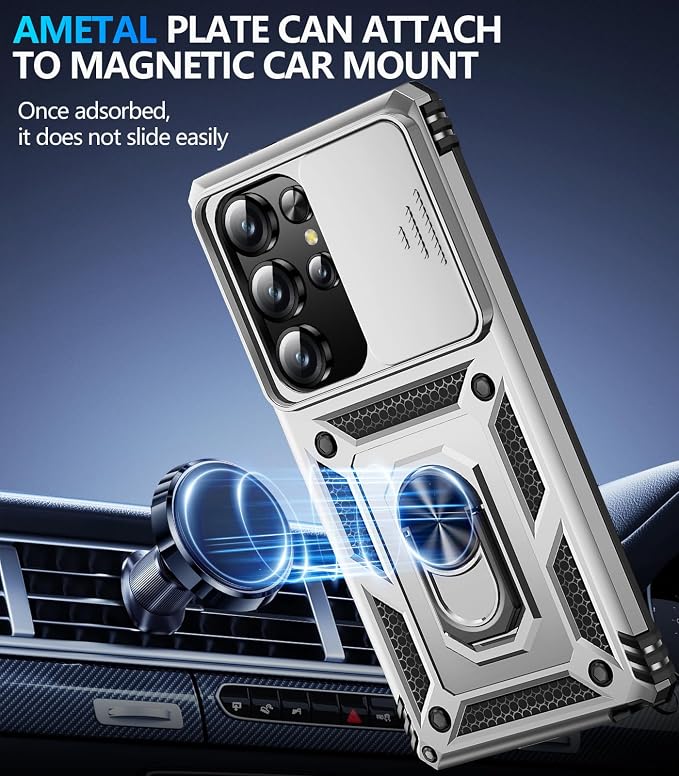 Taisairu for Samsung Galaxy S25 Ultra Case with Screen Protector & Slide Camera Lens Cover, Built-in Magnetic Ring Stand Shockproof Protective Phone Case for Samsung S25 Ultra Case (Silver) - Image 5