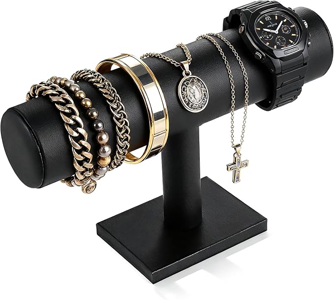 TENINYU Hovering T-Bar Bracelet Necklace Earring Bangle Pendants Anklet Tower Watch Key Jewelry Display Stand for Home Organization (Black Leatherette) by TENINYU