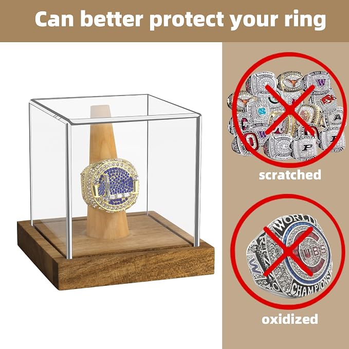 Clear Acrylic Championship Ring Display Case with Wood Stand Base, Memorabilia Stand Cube Holder Dust Protection Transparent Storage Box for Sports Baseball Basketball Fan Souvenir Protection Supplies - Image 7
