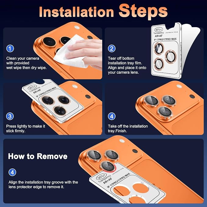 Meshine for iPhone 17 Pro/17 Pro Max Camera Lens Protector,Scratch Proof,Strong Adsorption,9H Hardness with Metal Ring Camera Cover,Ultra Thin Case Friendly, Accessories Lens Protector,Shiny Colorful - Image 7
