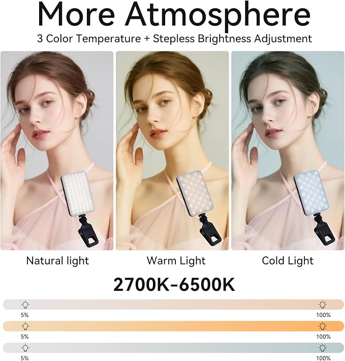 Portable RGB Selfie Light with 2000mAh Power Bank, CRI96+ Clip Fill Light | 3 Adjustable Color Tones, Scroll Wheel Dimming, Multi-angle 360° Rotation, Camera Hot Shoe Adapter, Reverse Phone Charging - Image 2