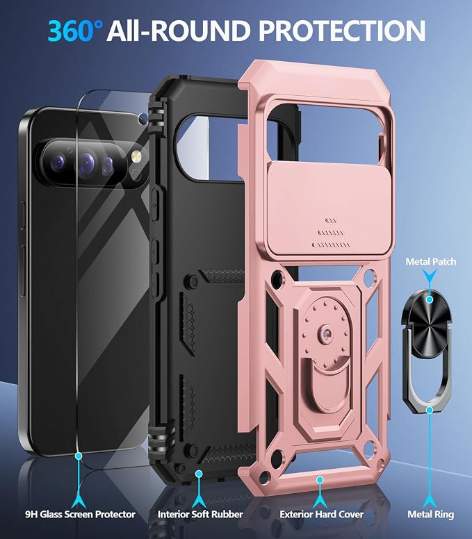 Taisairu for Google Pixel 10 Case/Pixel 10 Pro Case with Screen Protector & Slide Camera Lens Cover,Built-in Ring Stand Protective Phone Case for Pixel 10 Case/Google Pixel 10 Pro Case (Rose Gold) - Image 2