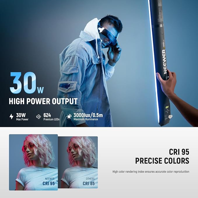 NEEWER Basics 30W Handheld RGB Fill Light 35.5"/90cm, Inflatable, GC30C | 3000Lux 2700-6500K, CRI95, 5000mAh, Type C 45W in/30W Out, Studio Photography Video Recording Streaming Portable TPU Lighting - Image 4