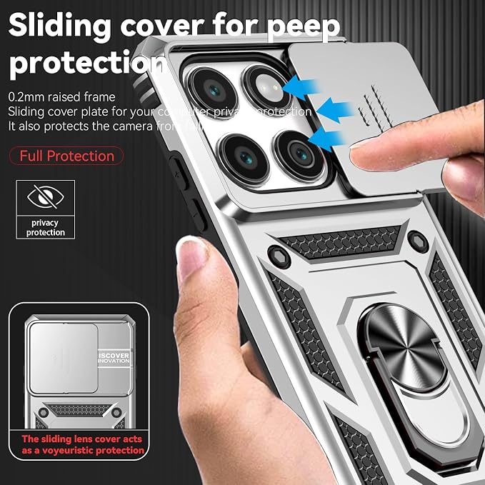 SunStory Compatible with Motorola Moto Edge 2025 Case with HD Screen Protector & Slide Camera Cover & Rotated Ring Kickstand, [Military-Grade] Phone Case for (Silver, Moto Edge 2025) - Image 3