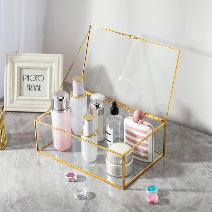 10.8” Glass Jewelry Box Gold Card Box with Hinged Lid, Gold Keepsake Box for Storage Wedding Card, Trinkets, Photo and More, Cute Glass Box for Women and Girl,Vintage - Image 4