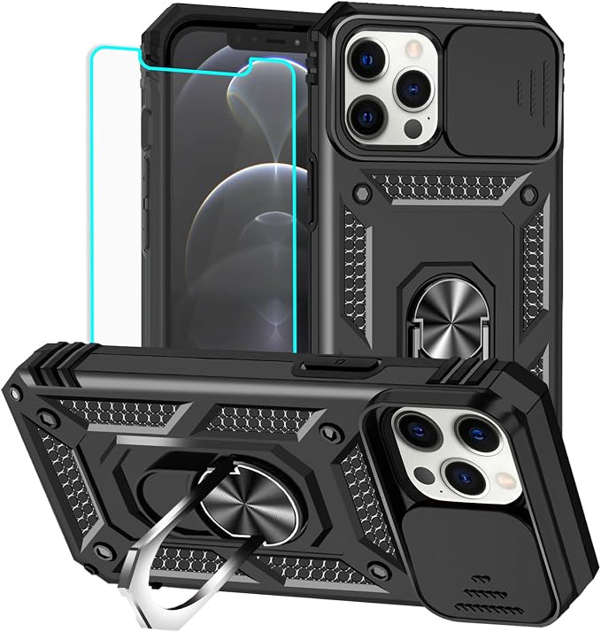 HNHYGETE for iPhone 12 Pro Max Case with Screen Protector: [Military Grade 20ft. Drop Tested] Slide Camera Cover Ring Shockproof Protective Phone Case for - iPhone 12 Pro Max (Black) by HNHYGETE