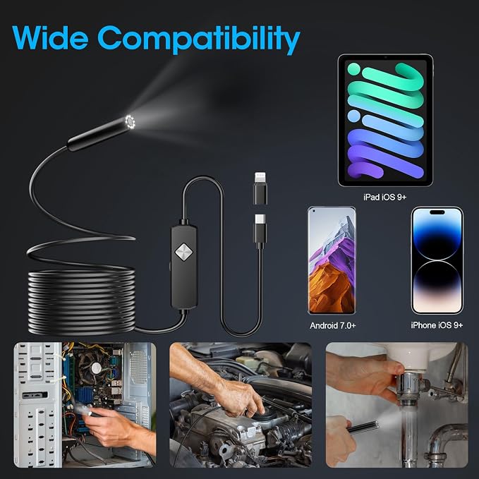 Endoscope with Light, 1920P HD Borescope with 8 Adjustable LED Lights, Semi-Rigid Snake Camera, IP67 Waterproof Inspection Tool (16.4ft, Black Harness + Single Lens) - Image 6