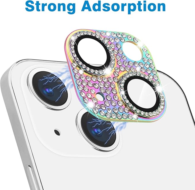 for iPhone 13 & iPhone 13 Mini Camera Lens Protector, Bling 3D Rhinestone Sparkle Diamond 9H Tempered Glass Camera Cover Anti Scratch Shockproof Metal Lens Screen Full Protective Cover - Image 2