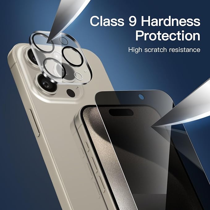 NEW'C 3x Privacy for iPhone 15 Pro Screen Protector (6.1 inches)+ 3x Camera Lens Protector, Sensor Protection, Case Friendly Tempered Glass Film + Dust Plug - Easy installation tool included - Image 6