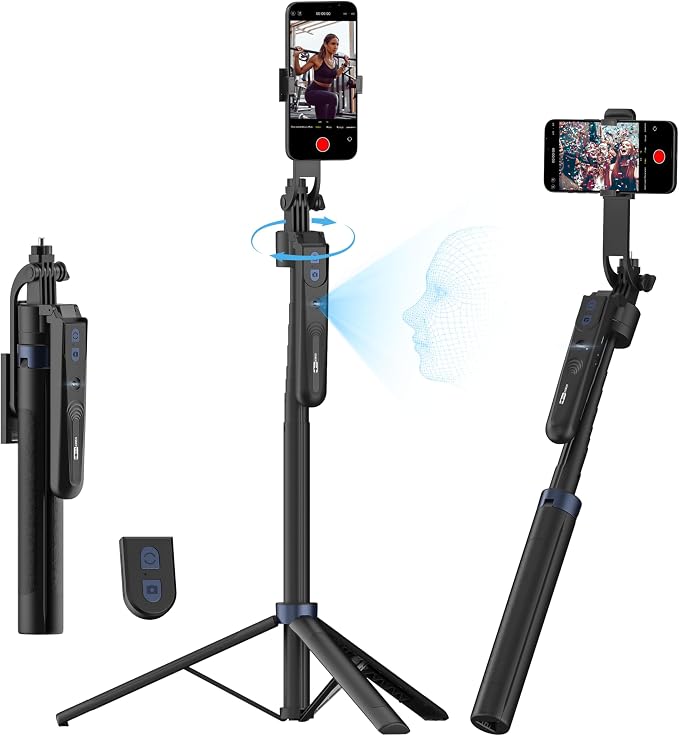 70" Auto Face Tracking Phone Tripod for iPhone w/Remote UTK-01 | For iPhone & Android, 360° Rotation, No App Needed, Remote Control, Gesture Control, Extendable Selfie Stick,1/4"Screw Mount by USKEYVISION