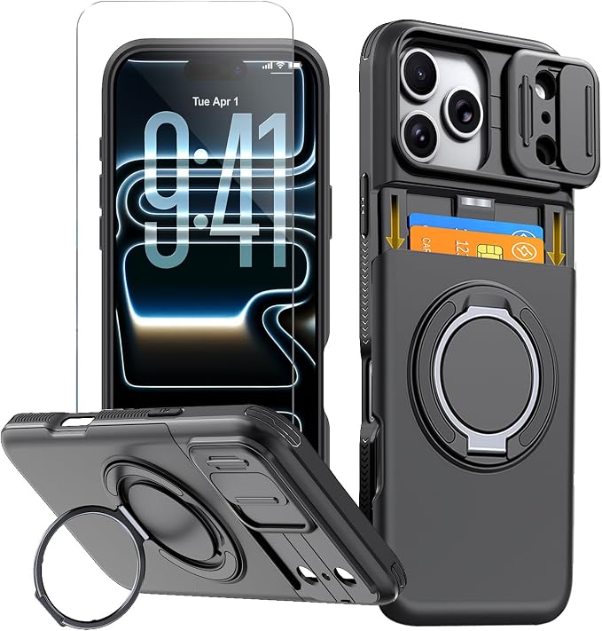 for iPhone 17 Pro Wallet Case with Card Holder Slide Camera Cover Ring Stand Kickstand Heavy Duty Protective Case with Screen Protector for iPhone 17 Pro （Black by Benbenjaytek