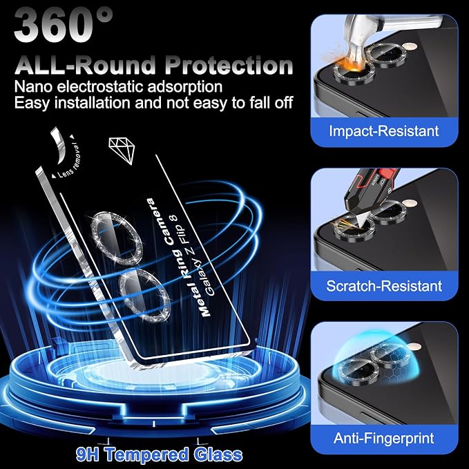 Meshine for Samsung Galaxy Z Flip 8 Camera Lens Protector,Scratch Proof,Strong Adsorption,9H Hardness with Metal Ring Camera Cover,Ultra Thin Case Friendly,Accessories Lens Protector,Glitter Black - Image 3