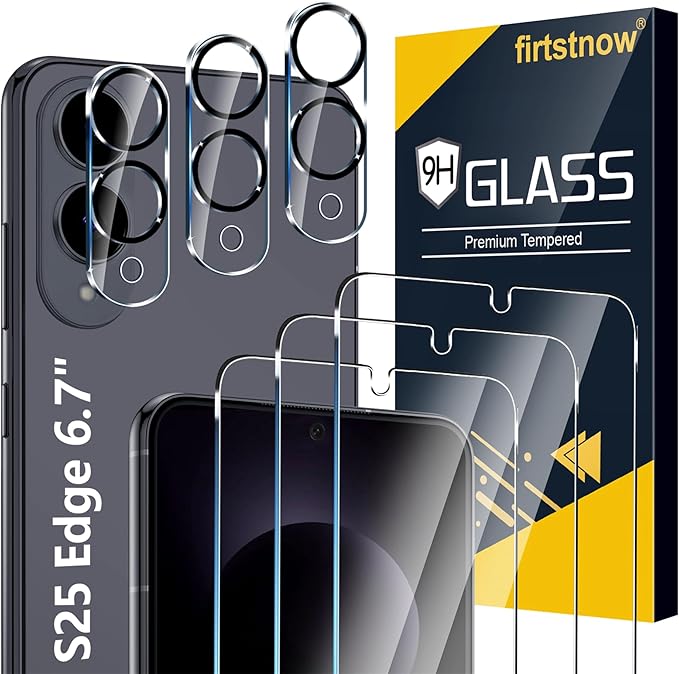 firtstnow 3 Pack for Samsung Galaxy S25 Edge Screen Protector Tempered Glass + 3 Pack Camera Lens Protector, Military Grade Shatterproof, 9H Hardness, Fingerprint Unlock, Case Friendly 6.7 Inch by Unknown