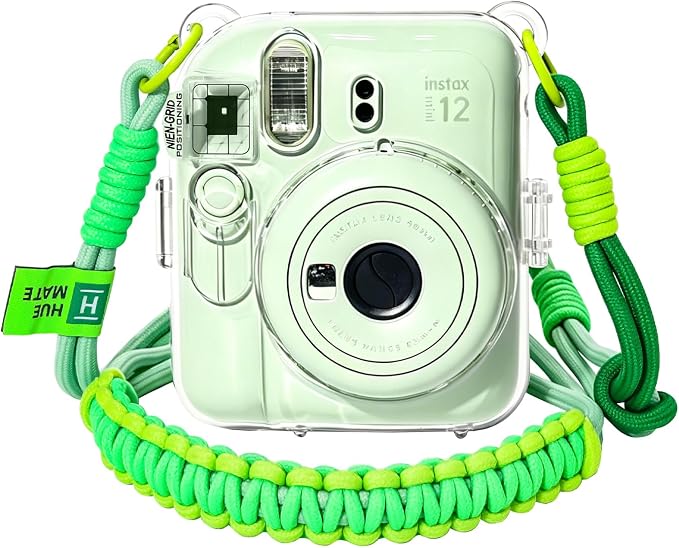 Clear Camera Case for Fujifilm Instax Mini 12, Green Camera Strap | Protective Cover with Anti-Accidental Shutter, 4 Composition Cards, Photo Storage Holds 10 Films, Clear Hard Shell, No Camera by Huemate