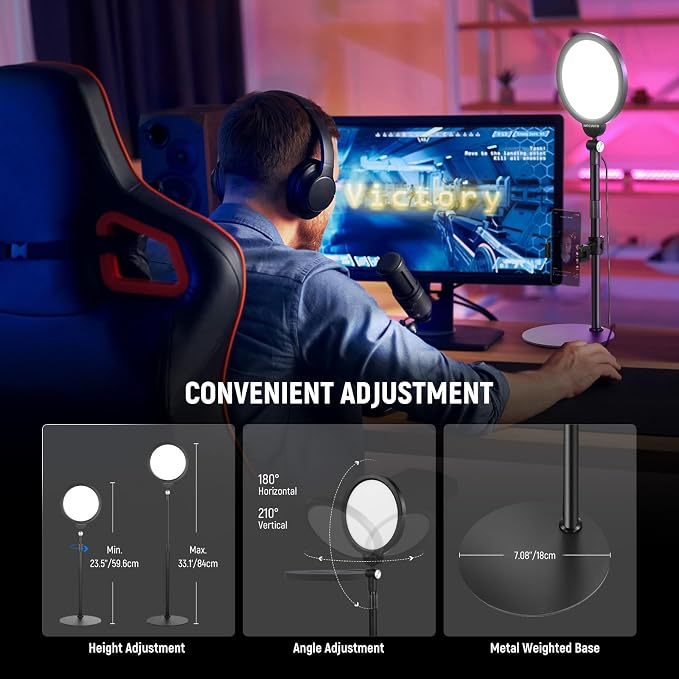 NEEWER Basics 2 Pack 7" Desktop Ring Lights for Video Recording, 10W Dimmable Full Screen Key Lighting with Desk Stands & Phone Holders for iPhone Computer Laptop Vlog Streaming Video Conference, R06 - Image 6
