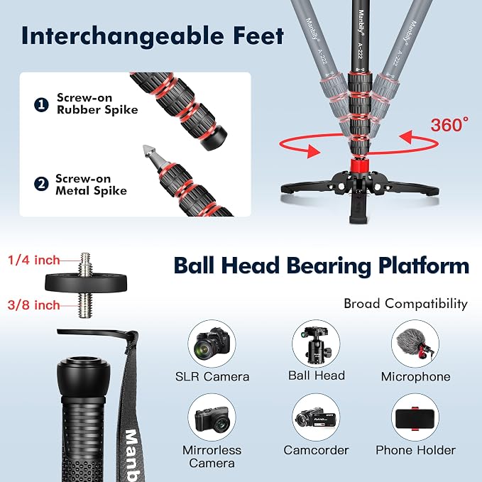 Extendable Camera Aluminum Monopod with Feet,Portable Travel Monopod with Removable Tripod Stand Base for DSLR Canon Nikon Sony Video Camcorder,5 Sections up to 67-in,Max Load 15.5 Lbs（A-222） - Image 4