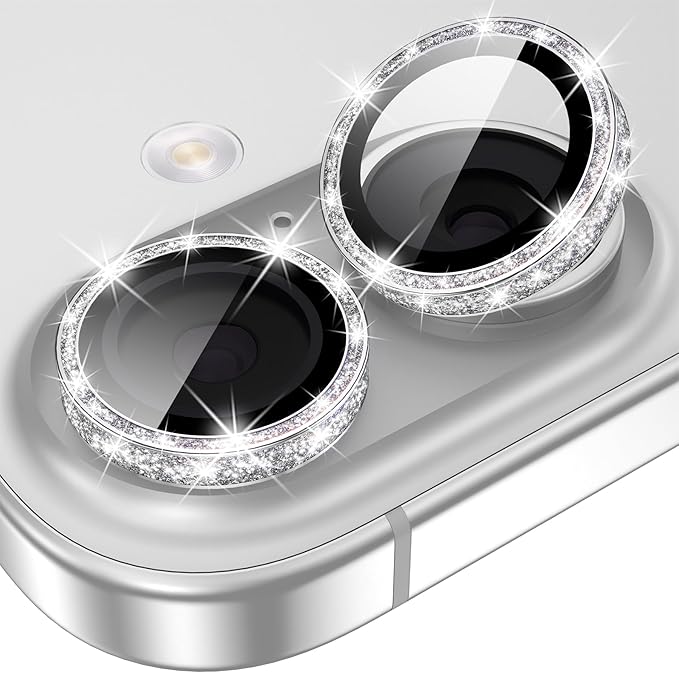 YWXTW [All-Over Glitter Camera Lens Protector for iPhone 17/iPhone 16/iPhone 16 Plus, 9H Tempered Glass Camera Lens Cover, Anti-Scratch Case Friendly(Silver) by YWXTW