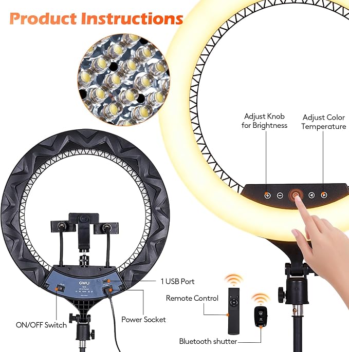 GWO 18 inch LED Ring Light with Tripod Stand 6000K Dimmable Makeup Selfie Light with Touch Panel Phone Holders for YouTube Vlog Video Shooting Include Carrying Bag and Remote Control CRI>90 - Image 4