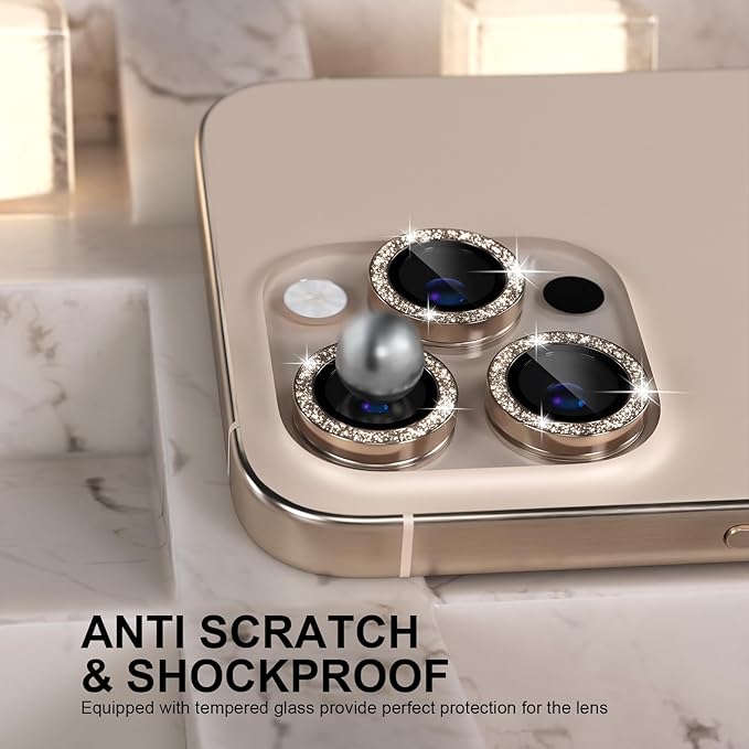 Choiche for iPhone 16 Pro/iPhone 16 Pro Max Camera Lens Protector | Ultra HD, Bling 9H Tempered Glass Camera Cover Screen Protector Metal Ring Decoration Accessories (Glitter-Titanium Desert) - Image 3