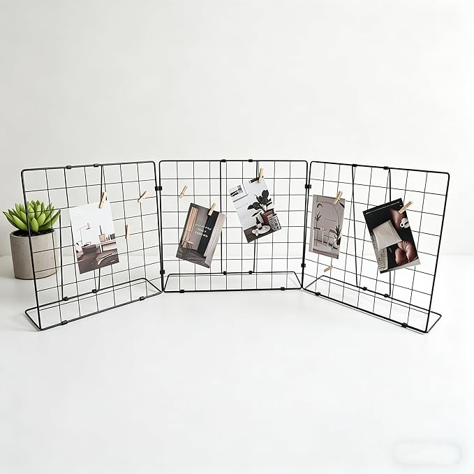 Foldable Desktop Photo Display Rack & Grid Display Board with 20 Wooden Clips – Photo, Accessory & Handcraft Display Organizer for Home Office Black Three-Grid Style by Unknown