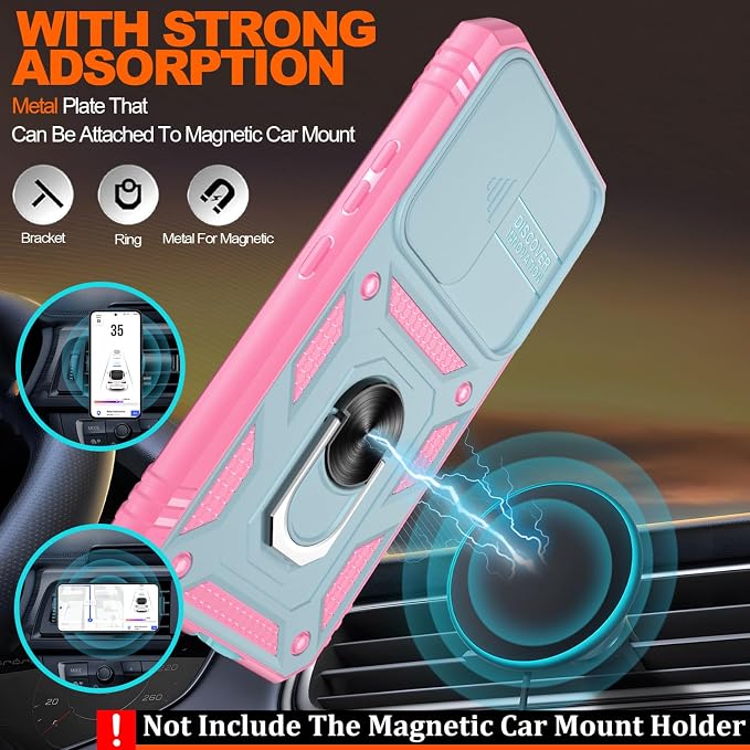 Gritup for Samsung Galaxy S22 Case with Slide Camera Cover & Screen Protector*2, 360 Rotating Ring Kickstand, Military Grade Protective Case for S22 Phone, Green+Pink - Image 6