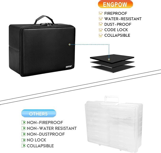 ENGPOW Photo Storage Box with 18 Inner 4" x 6" Photo Case(Clear), Fireproof Photo Organizer with Lock, Collapsible Portable Acid-Free Photo Keeper Craft Storage with Handles for Home, Office, travel - Image 3