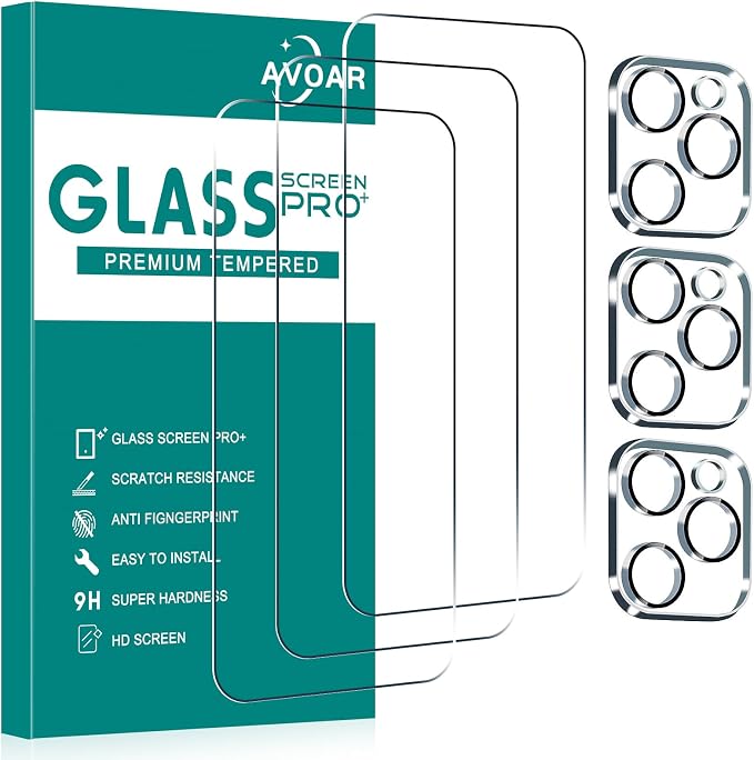 3+3 Pack Glass Screen Protector for iPhone 16 Pro, 6.3 Inch | Camera Lens Protector, HD Clear Tempered Glass Film, Anti-Scratch, Bubble Free, Case-friendly by AVOAR