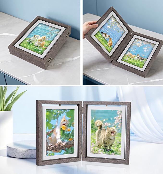 4X6 Rotating Picture Frame Collage Wooden 4x6 Double-Sided Picture Frame Multiple Desktop Display, Gray Hinges Foldable Family Photo Frames Office Desk Decor Gifts for Women Her Moms - Image 2