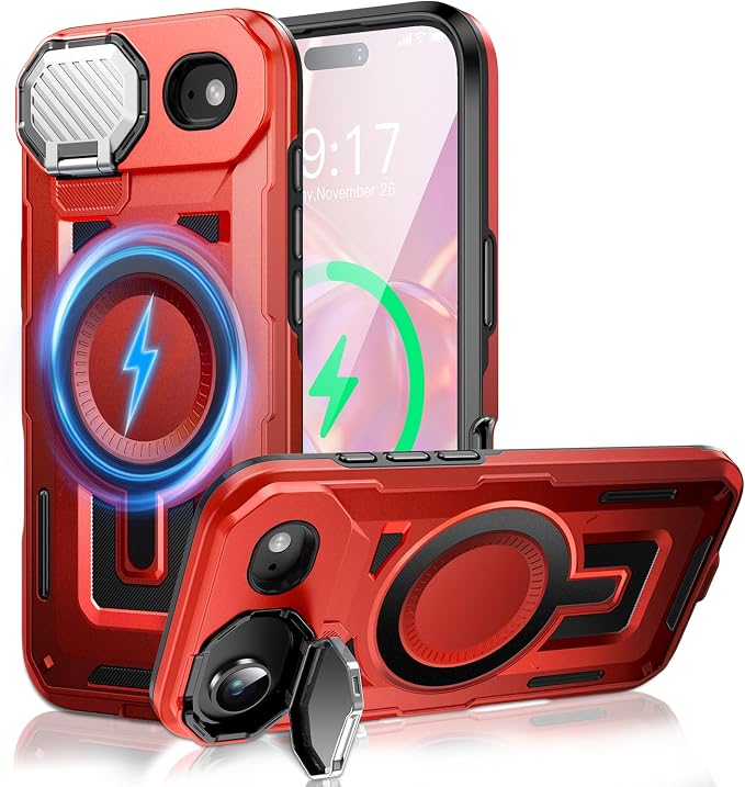 Camera Stand Case for iPhone 17 Air, [Compatible with MagSafe] [Lens Cover] 2025 Version Military Grade Protective Soft Case for iPhone 17 Air 6.5 inch Men Women, Red by WASTROYAL