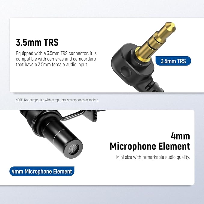 NEEWER LM8 ø4mm Mini Lavalier Microphone (2 Pack), Clip On Wired Condenser | Lapel Lav Mic Set, with 5ft/1.5m 3.5mm TRS Connector, Compatible with DJI Mic 2 Rode Wireless Go II CM28 CM31, and Camera - Image 4
