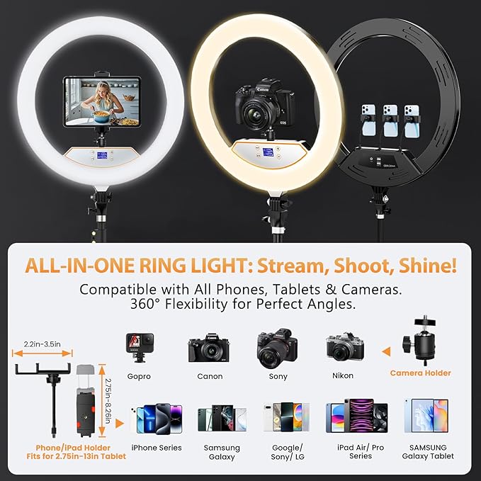 MACTREM Large 22" Ring Light with Stand, 75" Tripod for iPad iPhone Barber | Professional 50W 6500K CRI90+ LED, LCD Display, 2 USB Ports, for TikTok YouTube Makeup Tattoo Photography Video Studio - Image 6