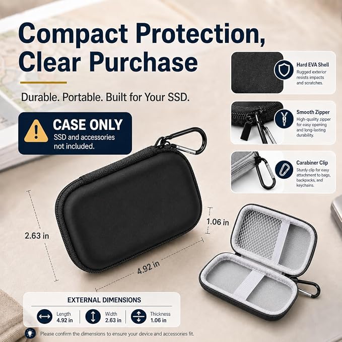 PAIYULE Hard Drive Case for SanDisk Extreme Portable SSD & Extreme PRO SSD | Elastic Strap Secures the SSD, Mesh Pocket Organizes Cables, Carabiner Adds Portability, Case Only(Black, For Sandisk V2) - Image 8