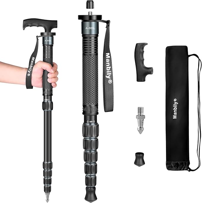 Monopods for Cameras 15.75'' - 61'' Camera Monopod Walking Stick with Handle Portable Compact Travel Monopod Aluminum Selfie Stick 6 Sections 7KG for DSLR Video Camcorder Stand (A-555L Grey) by Manbily