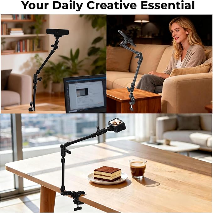 SMALLRIG 26" Magic Arm with Super Clamp, Overhead Phone Mount w/Cable Clip | Flexible Desk Camera Mount with 1/4" Screw and Cable Clip, Max Load 2.2lb, for iPhone/Action Camera/Video Light/Webcam/Mic - Image 7
