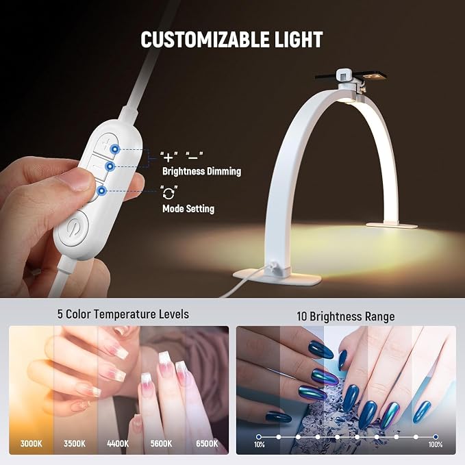 NEEWER Basics 29" Half Moon Nail Light for Desk, 36W Foldable Nail Tech Table Arc Lamp, LED Manicure Half Ring Light with Phone Holder for Makeup Beauty Tattoo Overhead Video Recording, HM02-D - Image 6