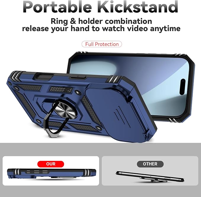 SunStory Phone Case for iPhone 17 Pro Case with HD Screen Protector & Slide Camera Cover & Rotated Ring Kickstand, [Military-Grade] Phone Case for for iPhone 17 Pro, Blue - Image 2