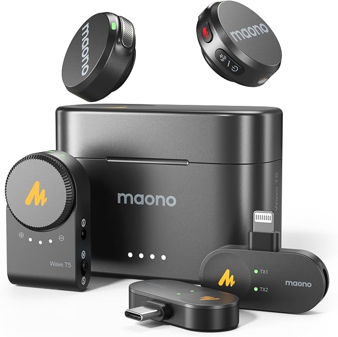 MAONO Wave T5 Wireless Lavalier Mini Microphone for iPhone Content Creators | Magnetic Lapel Mic with AI Noise Cancellation,4 Voice Filters,1000ft, 40H for Podcast Stream Vlog Youtube Tiktok Video Record by MAONO