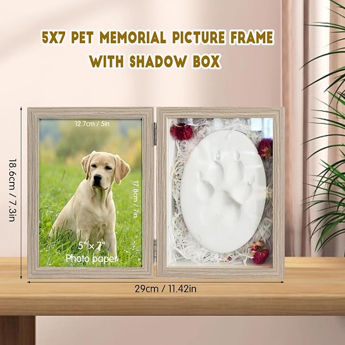 5x7 Pets Memorial Shadow Box Frame, Dogs Cats Photo Display with Paw Prints Keepsake, Memorial Sympathy Gifts for Loss of Dog Cat, Grey - Image 2
