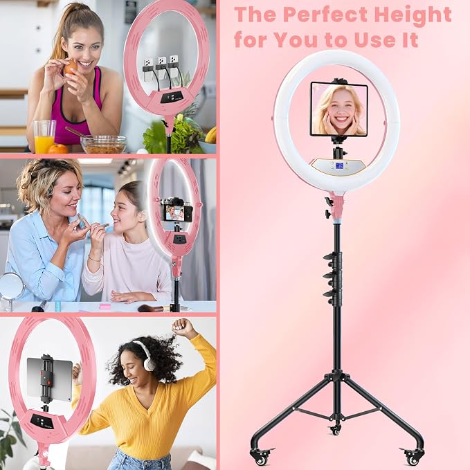 22" Foldable Ring Light with Stand for iPhone ipad, 75" Tripod with Wheels 50W 6500K LED Display/2 USB Ports Large Ringlight Rolling, Tattoo Barber Makeup Studio Video Photography Lighting(Pink) - Image 2