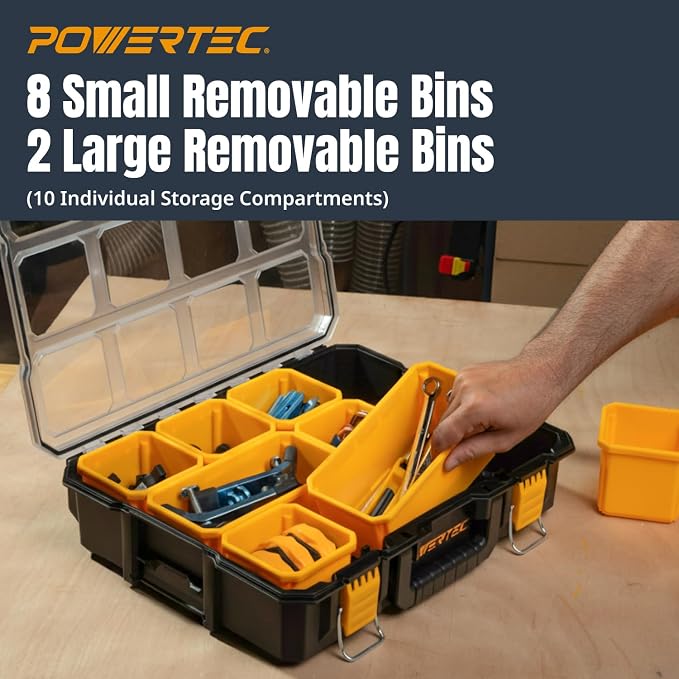 POWERTEC Small Parts Organizer & Tool Box – 10 Compartments, IP65 Water & Dust Protection, Stackable Storage with Interlocking Latch, Removable Tray, Clear Lid, Portable Design, 2-Pack (72365-P2) - Image 3