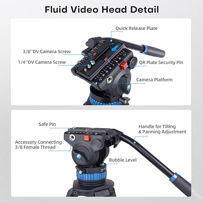 SIRUI AM-25S Video Tripod 74.8", Fluid Head, Quick Release, Max Load 22lb | 360° Pan, +90°/-75° Tilt, Aluminum Alloy, Camcorder, DSLR, Mirrorless Camera, Video Recording, Stable Support - Image 3