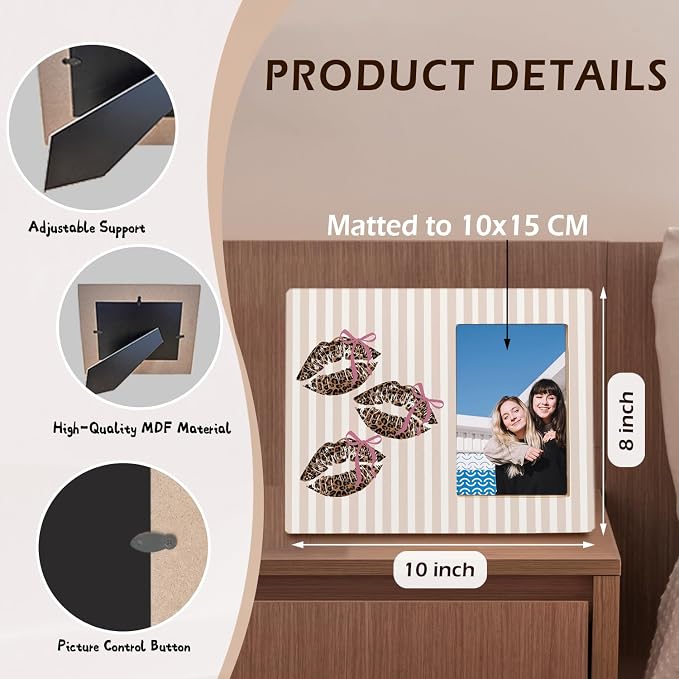 kunlisa Coquette Pink Bow Leopard Print Lips Picture Frame 4x6, Preppy Neutral Striped Cheetah Lips Picture Photo Frame for Home Girls Room Dorm Apartment Tabletop Desk Shelf Wall Decoration - Image 4